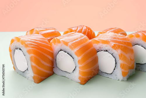 Fresh salmon sushi rolls on a dual-tone background photo
