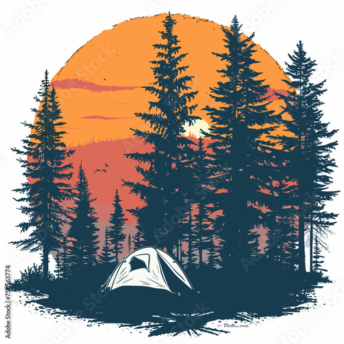 Retro forest sunset. Wild camp, sunrise camping and nature trees, vector graphic