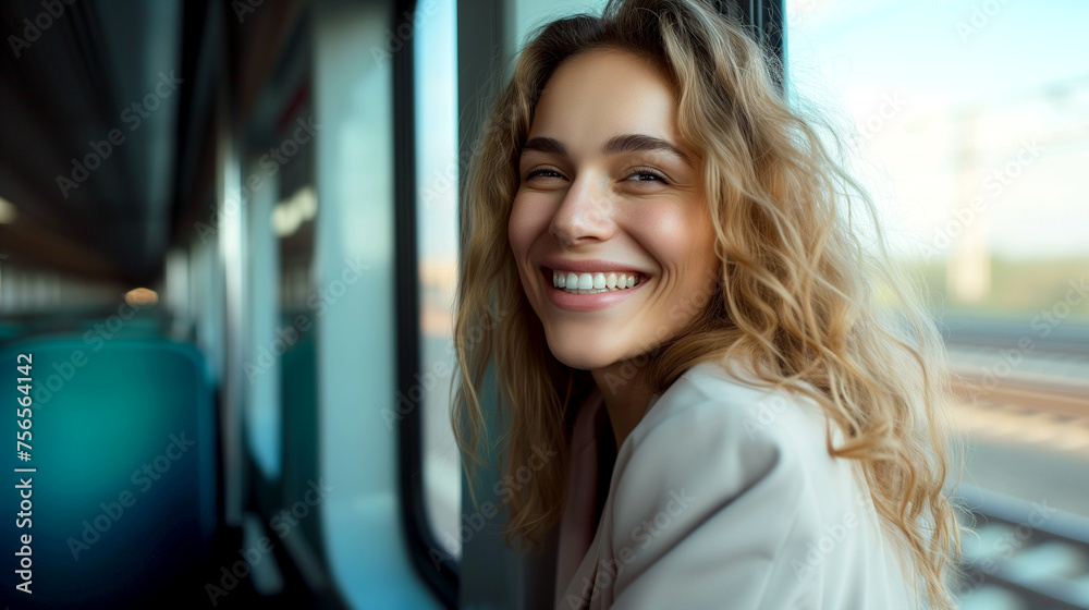 Happy Young Woman Looking Out the Train Window Happy Young Woman Looking Out the Train Window