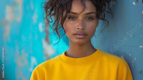 Portrait of a young woman with curly hair wearing a bright yellow sweater against a textured blue wall, exuding confidence and beauty. © Rattanathip