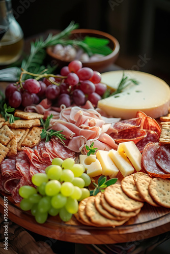 variety of cheese salami meat tapas on charcuterie board rustic ham prosciutto snack plate with crackers antipasti variation grapes brie camembert Spanish French Italian restaurant magazine editorial 