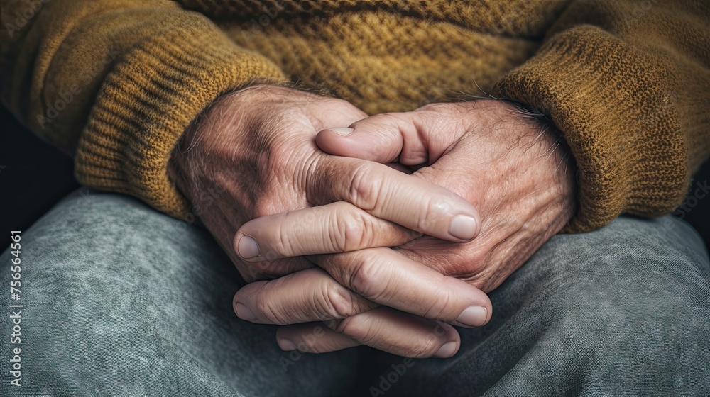 Fototapeta premium Hands of an elderly man with crossed fingers close-up. Male hands as if holding something. An air of contemplation lingers in the poised fingertips, hinting at deep thought and focus.