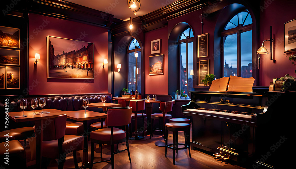 interior of a romantic cute cozy jazz cafe in an old style with evening lighting, a piano and a fireplace overlooking the street of the night city