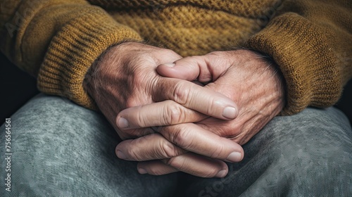 Hands of an elderly man with crossed fingers close-up. Male hands as if holding something. An air of contemplation lingers in the poised fingertips, hinting at deep thought and focus. photo