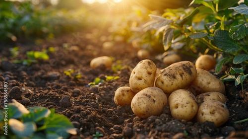 Fresh potatoes in soil at sunset