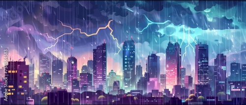 Cartoon illustration of pouring rain and lightning bolt in cloudy sky over skyscrapers, office and housing buildings with many windows, gloomy cityscape.