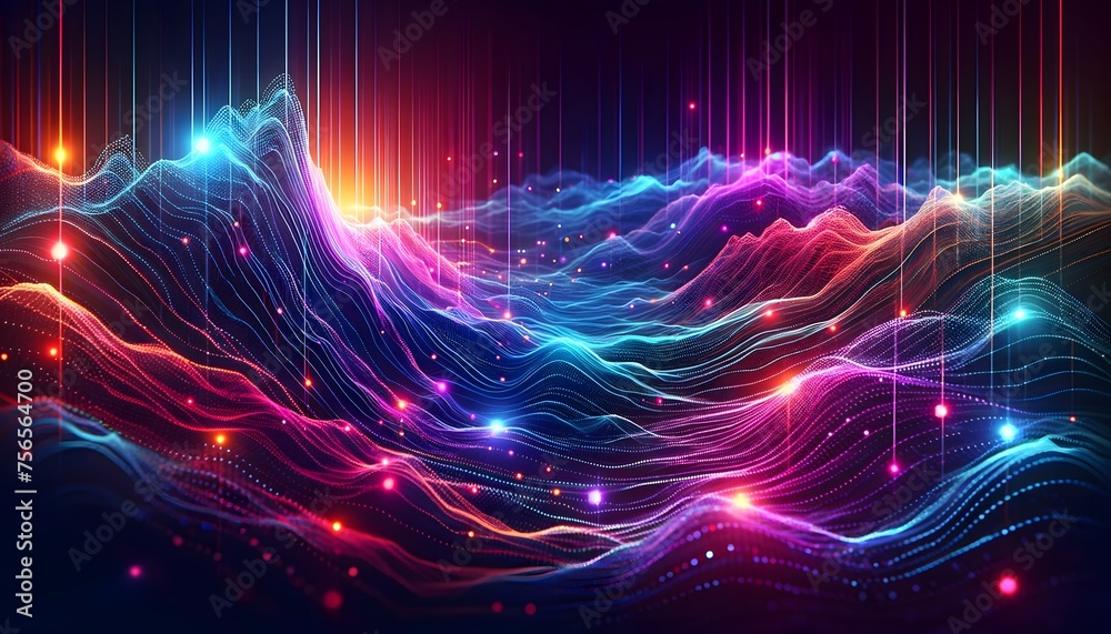 a vibrant digital landscape with multicolored, glowing lines creating a dynamic, three-dimensional waveform pattern against a dark background.