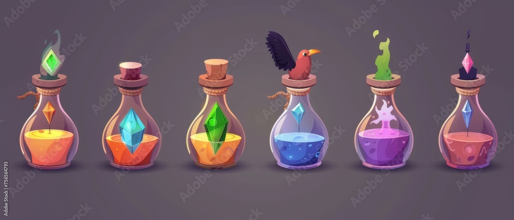 The fantasy liquid wizard elixir is carried in a glass vial containing an emerald, a canine tooth, and a crow feather as a cork. Cartoon modern game UI assets set of fantasy liquid wizard elixir. The fantasy liquid wizard elixir is carried in a glass vial containing an emerald, a canine tooth, and a crow feather as a cork. Cartoon modern game UI assets set of fantasy liquid wizard elixir.
