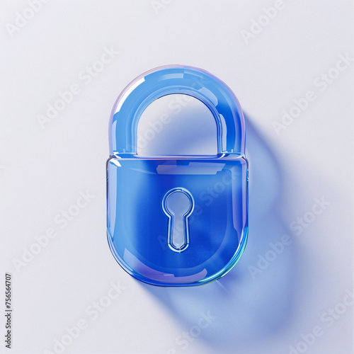 A blue transparent padlock casts a soft shadow on a light surface. photo
