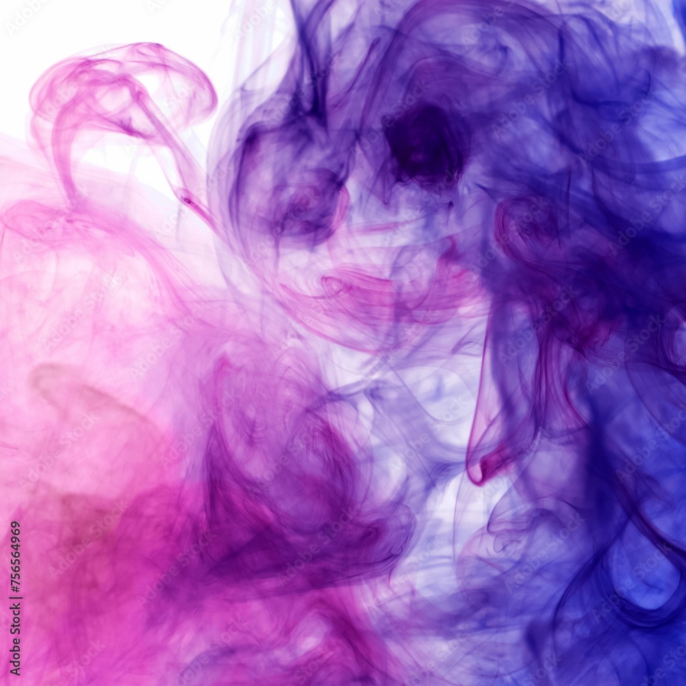 Dense multicolored smoke of purple, blue and pink colors on a white isolated background. Background of smoke vape