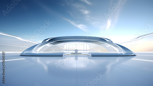 3D render of a stunning futuristic glass architecture ,car parking background 