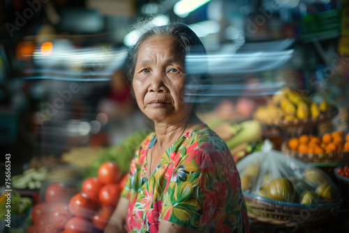 A simple street market seller in front of her stand stall. Blurred background with bokeh. Created with Generative AI technology.