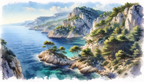 Watercolor landscape of the Calanques National Park, France © monkik.