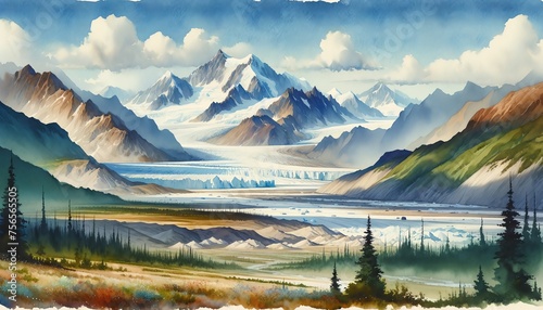 Watercolor landscape of Wrangell-St. Elias National Park, United States photo