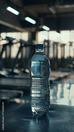 A water bottle sits on a bench in a sunlit gym, ready for a workout photo