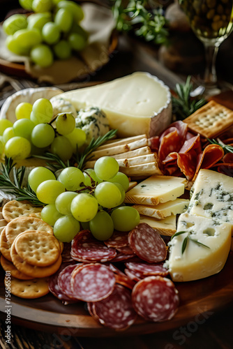 variety of cheese salami meat tapas on charcuterie board rustic ham prosciutto snack plate with crackers antipasti variation grapes brie camembert Spanish French Italian restaurant magazine editorial 