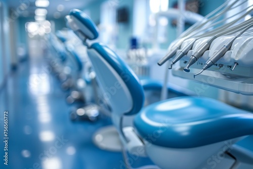 An image of a dental chair with instruments in a blue-clinical setting highlighting modern dental care and technology