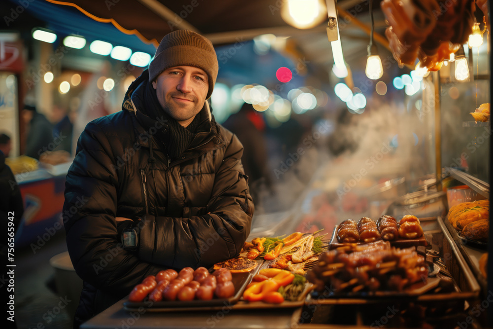 A simple street market seller in front of his stand stall. Blurred background with bokeh. Created with Generative AI technology.