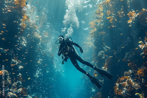 A scuba diver explores the marine life among a swimming school of fish in a serene underwater setting