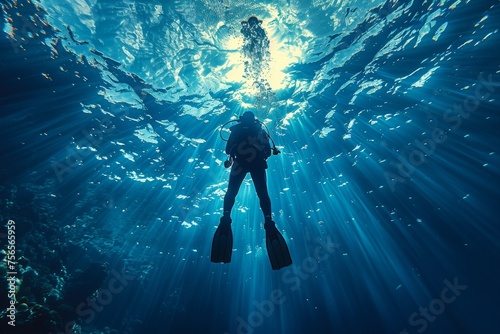 A serene underwater image featuring a scuba diver beneath sunbeams penetrating the sea surface