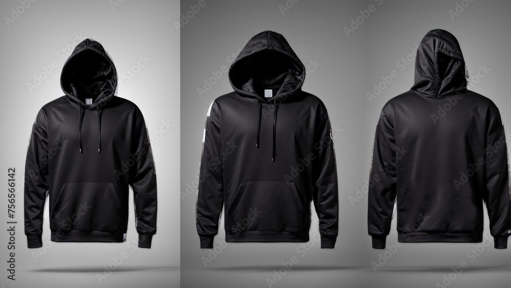Black hoodie template. Hoodie sweatshirt front and black side long sleeve with clipping path, hoody for design mockup for print, isolated on white background 