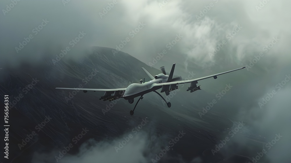 Against the background of the gray sky and mountains, the drone combat vehicle is flying, its slender silhouette stands out against the background of clouds. Performing an important combat mission wit