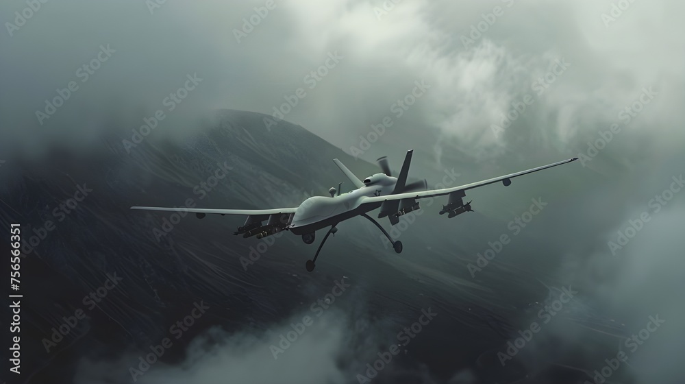 Against the background of the gray sky and mountains, the drone combat vehicle is flying, its slender silhouette stands out against the background of clouds. Performing an important combat mission wit Against the background of the gray sky and mountains, the drone combat vehicle is flying, its slender silhouette stands out against the background of clouds. Performing an important combat mission wit