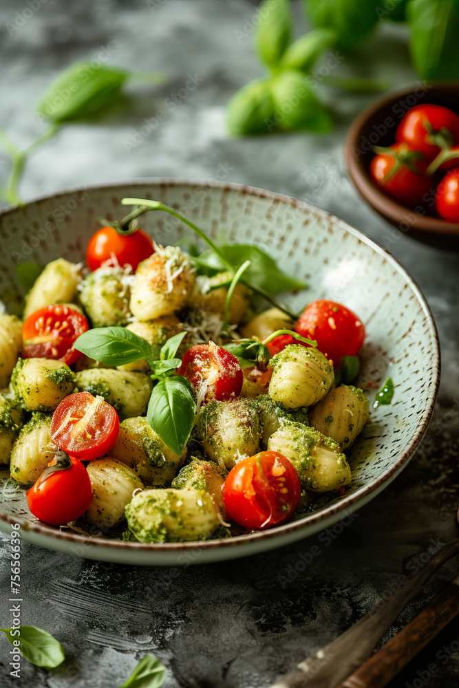 delicious plate of homemade gnocchi Italian pasta with dried tomatoes basil garnish green pesto restaurant dinner lunch room service in editorial magazine studio setting natural light delicious plate of homemade gnocchi Italian pasta with dried tomatoes basil garnish green pesto restaurant dinner lunch room service in editorial magazine studio setting natural light