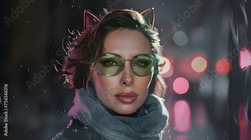 In the futuristic atmosphere of cyberpunk, a portrait of a beautiful woman appears, surrounded by bright neon lights, creating a virtual reality effect.