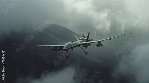 Against the background of the gray sky and mountains, the drone combat vehicle is flying, its slender silhouette stands out against the background of clouds. Performing an important combat mission wit photo