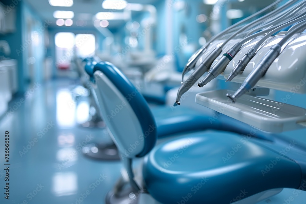 A close-up view of a dental chair with instruments in a clean, well-lit dentist office emphasizing healthcare and professionalism
