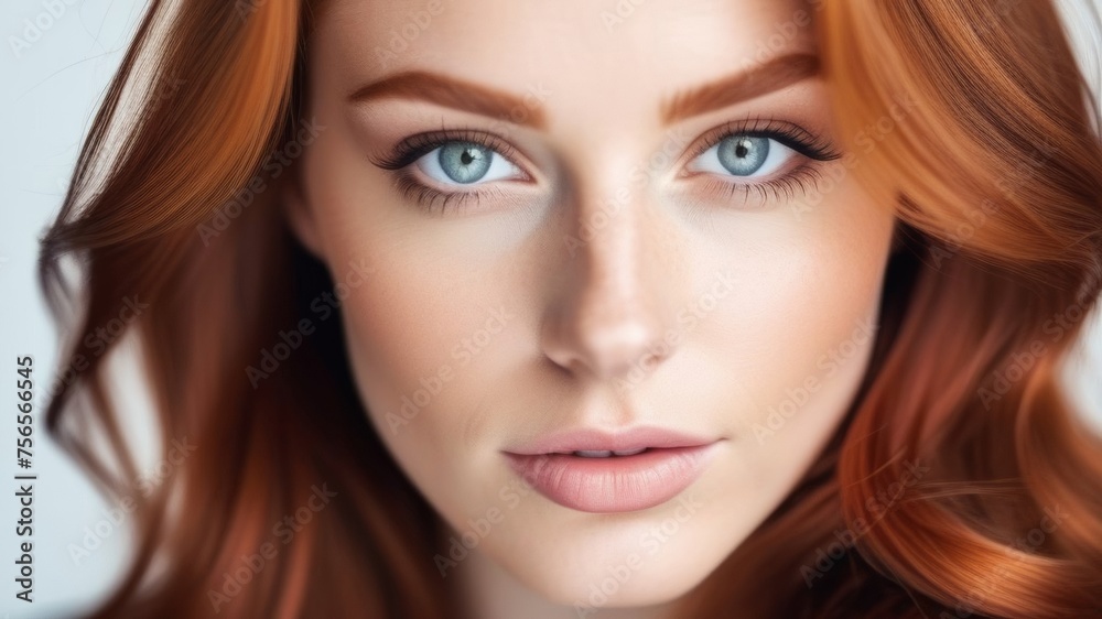 Close-up portrait of a very beautiful red-haired girl with blue eyes