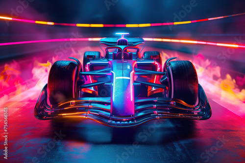 A futuristic F1 car with neon lights racing in a night race. Concept: F1 is excitement and speed