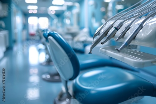 A close-up view of a dental chair with instruments in a clean  well-lit dentist office emphasizing healthcare and professionalism