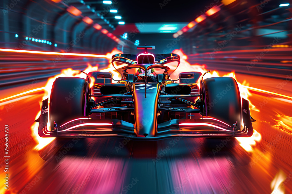 Naklejka premium A futuristic F1 car with neon lights, its wheels spitting fire because it's going very fast. Concept: F1 is excitement and speed.