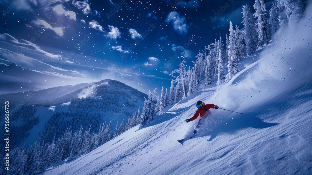 Skier in action on snowy mountain under night sky