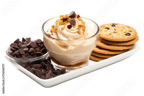 Yogurt bar with chocolate chips, cookies and peanut butter topped with chocolate sauce. Isolated on a transparent background. photo