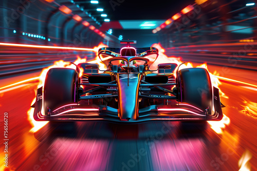 A futuristic F1 car with neon lights, its wheels spitting fire because it's going very fast. Concept: F1 is excitement and speed.