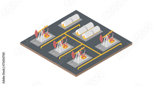 Natural resources oilfield technology pumping unit isometric web page with pumpjacks and barrels vector illustration.
