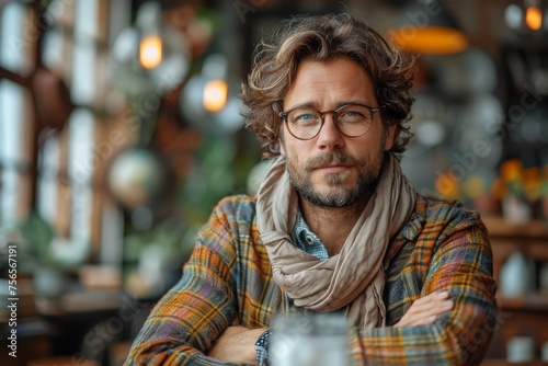 A fashionable man with glasses sitting in a cozy cafe with crossed arms