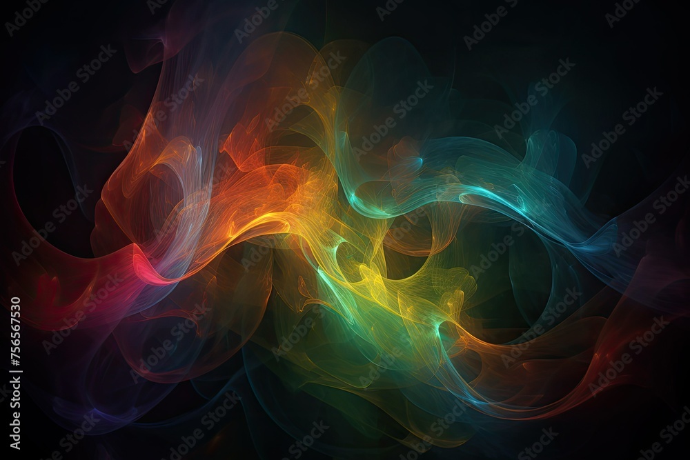 Colorful Abstract Fractal Art. Mystical Space Glow with Wavy Smoke Patterns on dark background