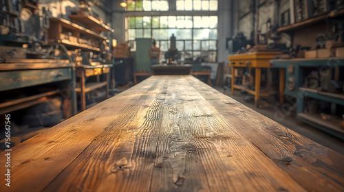 Empty wooden table in a carpentry workshop. Selective focus.