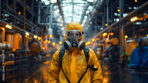 Man in chemical protective suit and protective mask in the background of the factory photo