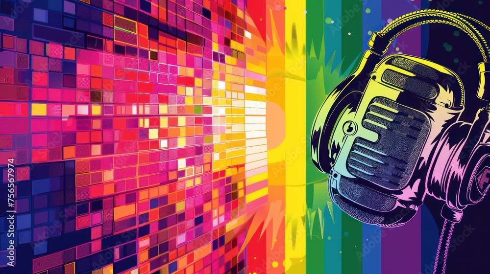 an image of a Pride radio station promotion graphic with a pride flag in background - obrazy, fototapety, plakaty 