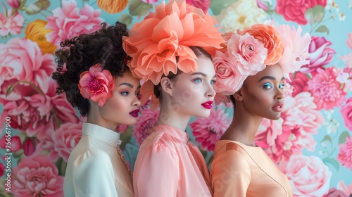 Three models adorned with extravagant flower headpieces pose against a backdrop of lush floral wallpaper  exuding elegance and spring vibes.