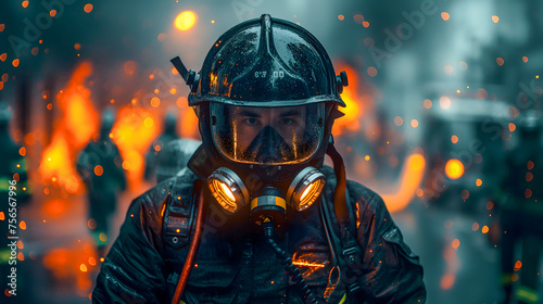 Portrait of a fireman in a gas mask on a dark background. photo