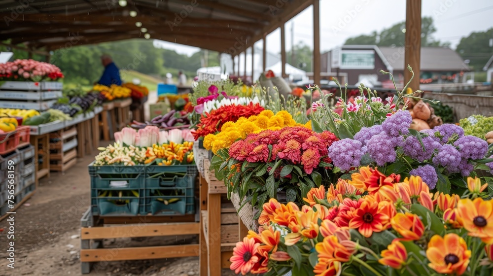 Colorful flower bouquets in the foreground with fresh vegetables and fruits at a farmers market.