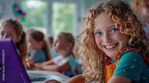 portraying a ten-year-old cheerful smiling european girl with curly blonde hair .