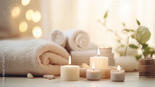 Beautiful spa treatment composition such as Towels, candles, essential oils, Massage Stones on light wooden background. blur living room, natural creams and moisturizing Healthy lifestyle, body care photo