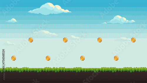 Pixel art level background with coins. Seamless vector illustration.